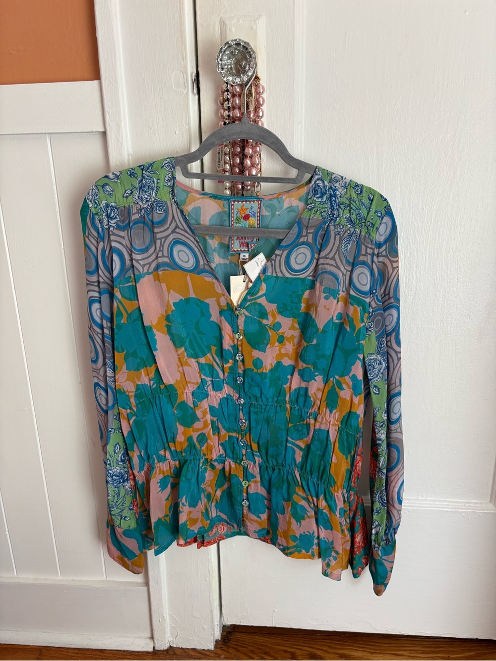 Johnny Was Teal, Pink & Mustard Floral Mixed-Print Button Blouse